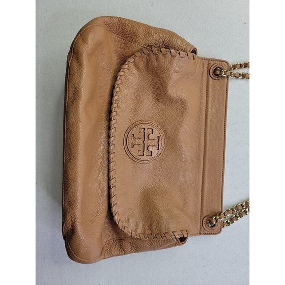 Tory Burch Marion Whipstitch Leather Saddle Convertible Chain Crossbody Tan Bag - Picture 2 of 16
